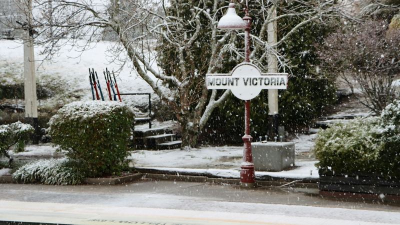 The Mount Victoria station sign in the snow